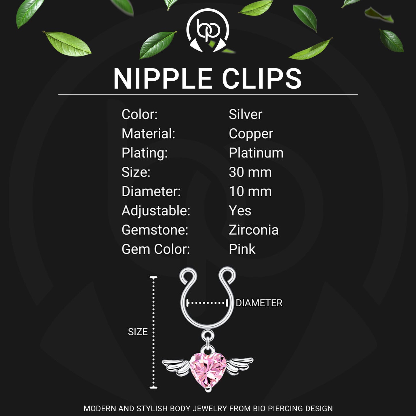 Silver Plated Nipple Clips with Flying Crystal Heart