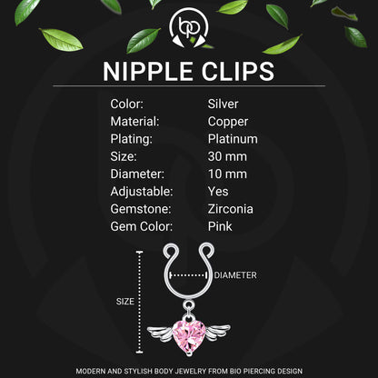 Silver Plated Nipple Clips with Flying Crystal Heart