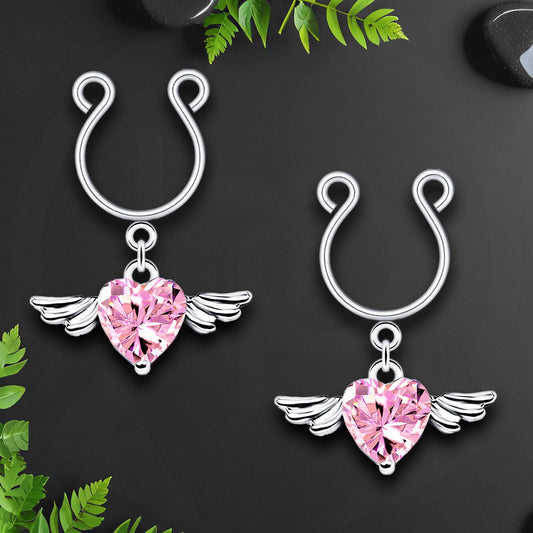 Silver Plated Nipple Clips with Flying Crystal Heart