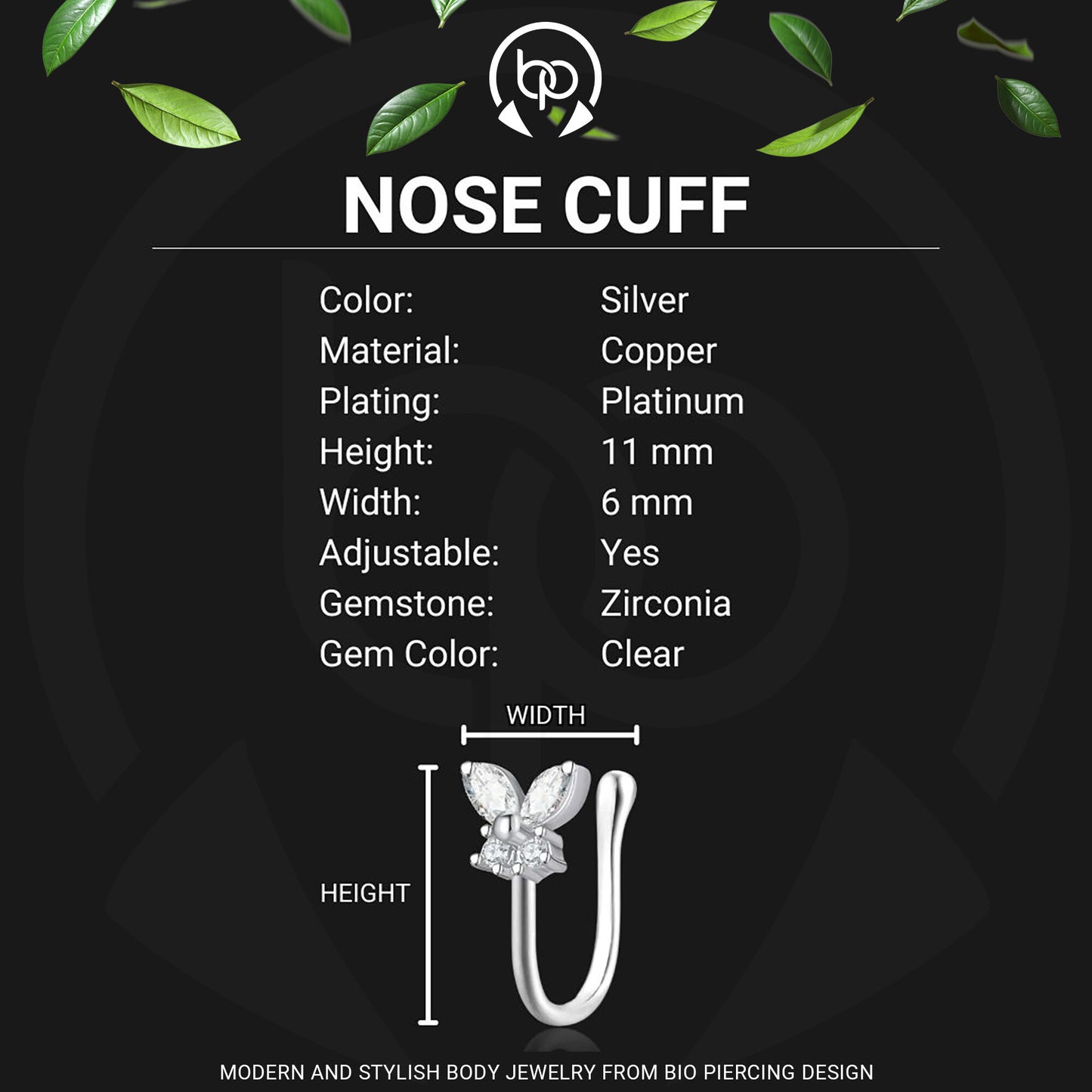 Silver Plated Nose Cuff with Butterfly