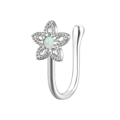 Silver Plated Nose Cuff with Opal Flower