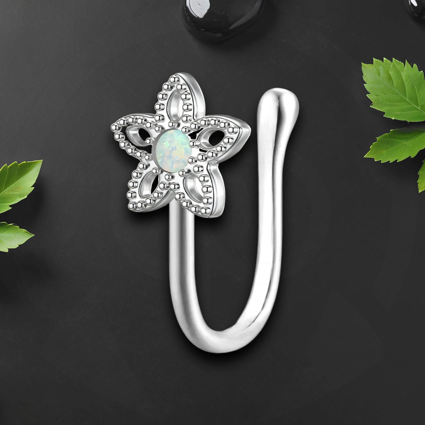 Silver Plated Nose Cuff with Opal Flower