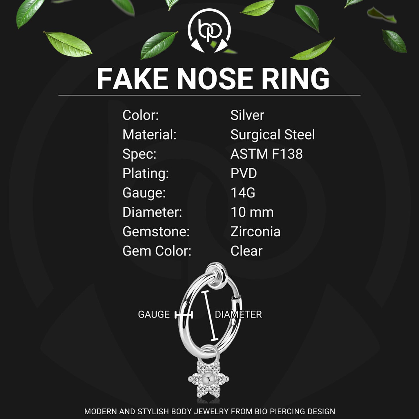 Surgical Steel Fake Ring with Flower Dangle